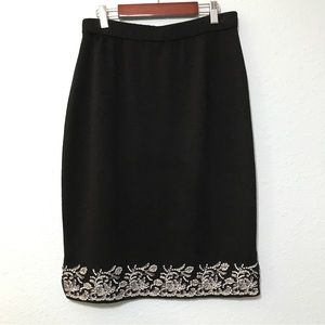 St. John Knitwear Evening Embroidered Beaded Trim Straight Black Knit Skirt 12